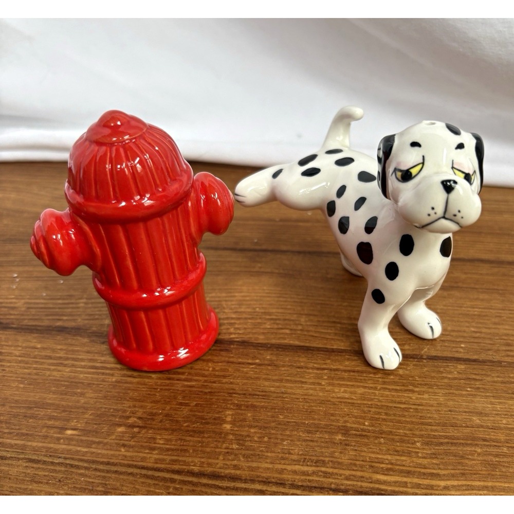 Vintage Ceramic Dalmatian Dog and Fire Hydrant Salt & Pepper Shaker Set 3.5"